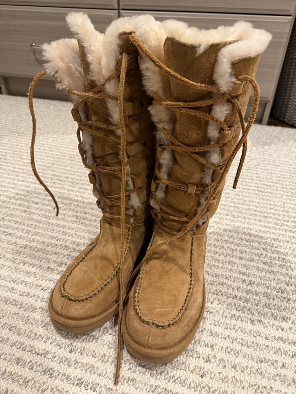 UGG Tall Suede Lace-Up Boots with Shearling - Chestnut